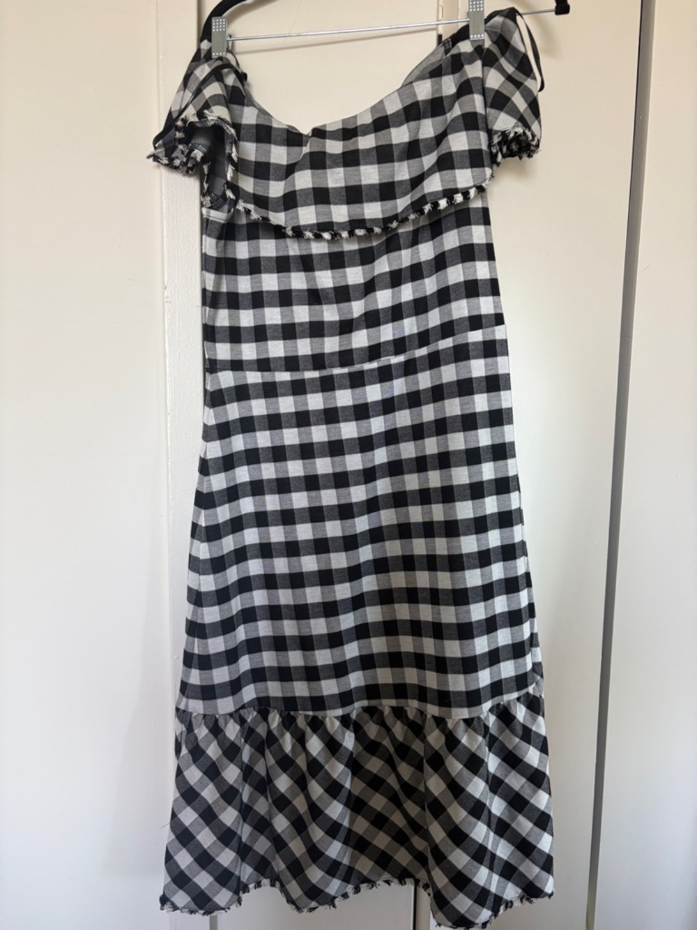 Ann Taylor Off The Shoulder Black and White Gingham Midi Dress